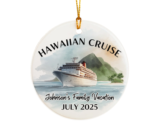 Handmade ceramic Hawaii cruise ornament with personalized location and photo – custom Christmas bauble or cruise vacation souvenir.