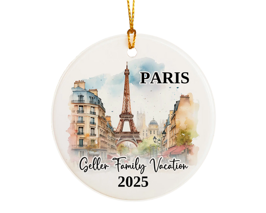 Custom vacation Paris ceramic photo ornament with personalized message – handmade Christmas bauble, gift souvenir, or vacation keepsake. 