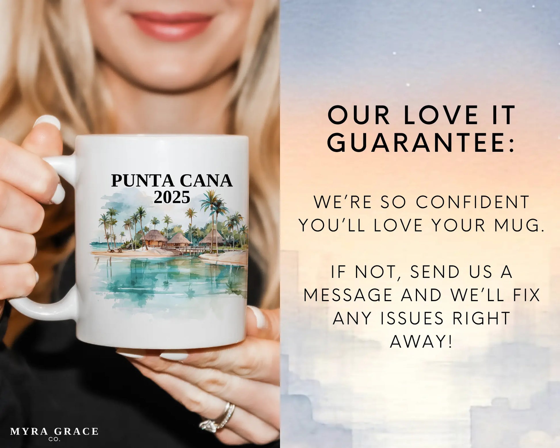 Custom ceramic Punta Cana vacation mug with watercolor location design, date, and personal photo – personalized travel gift or photo mug. Love it guarantee