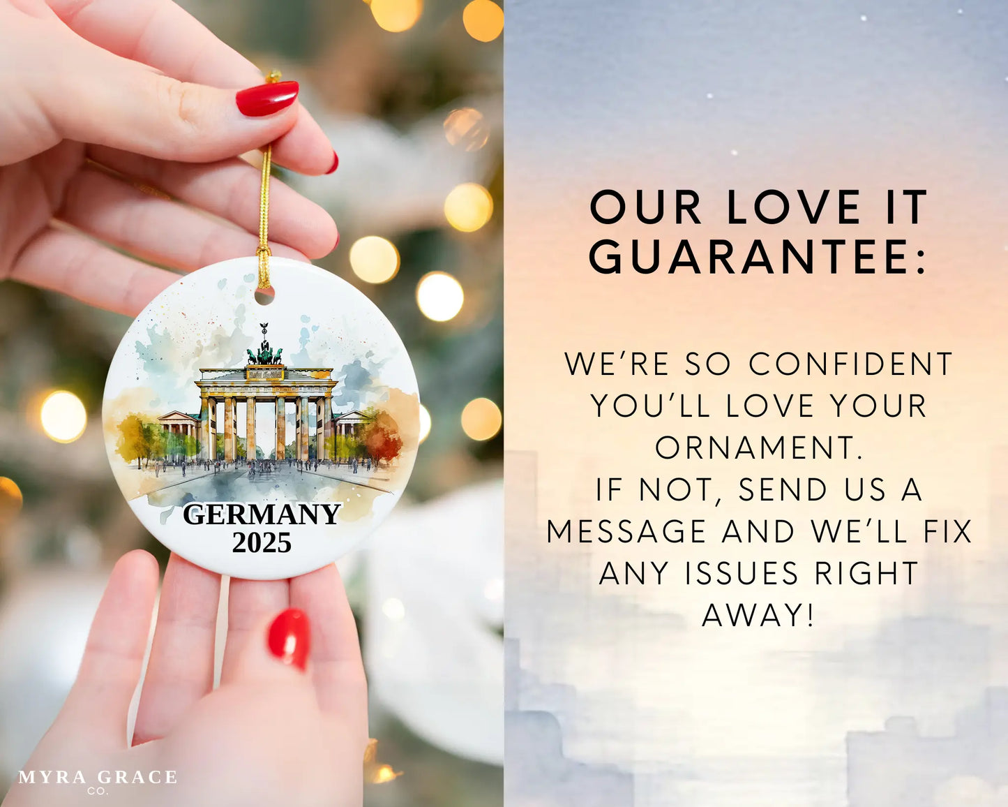 Custom Germany Berlin Gate ceramic photo ornament with personalized message – handmade Christmas bauble, gift souvenir, or vacation keepsake.  Love it guarantee