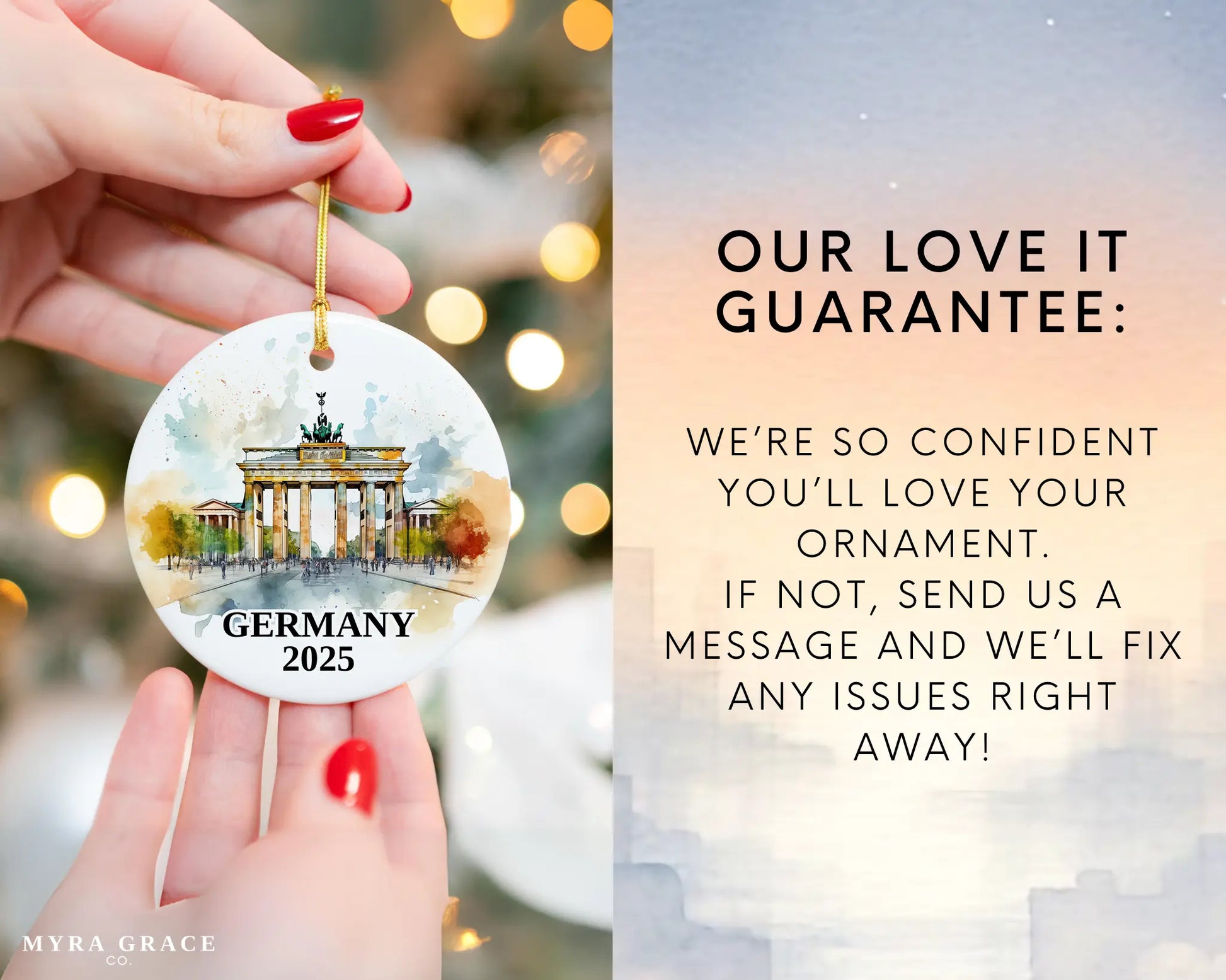 Custom Germany Berlin Gate ceramic photo ornament with personalized message – handmade Christmas bauble, gift souvenir, or vacation keepsake.  Love it guarantee