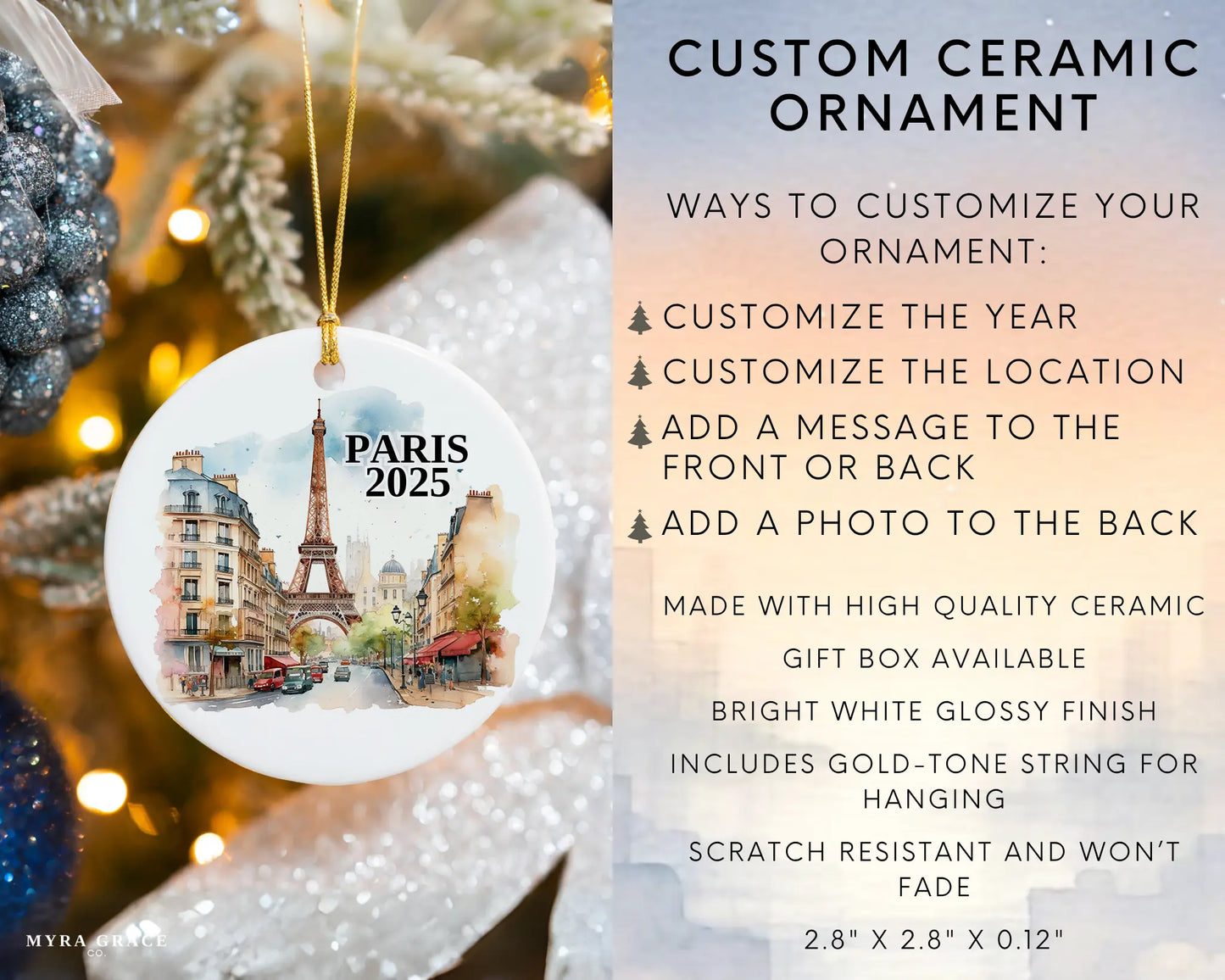Custom Paris France ceramic photo ornament with personalized message – handmade Christmas bauble, gift souvenir, or vacation keepsake.  Infographic