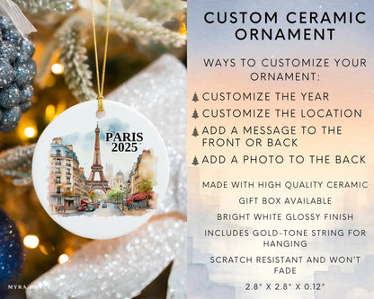 Custom Paris France ceramic photo ornament with personalized message – handmade Christmas bauble, gift souvenir, or vacation keepsake.  Infographic