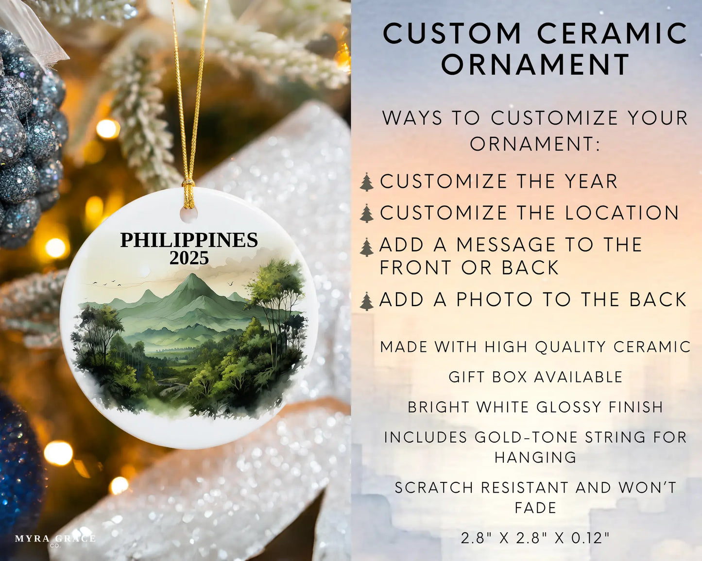 Custom Philippines ceramic photo ornament with personalized message – handmade Christmas bauble, gift souvenir, or vacation keepsake. Infographic