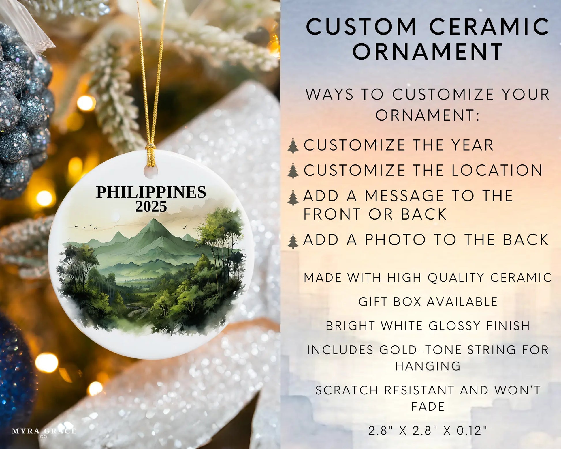 Custom Philippines ceramic photo ornament with personalized message – handmade Christmas bauble, gift souvenir, or vacation keepsake. Infographic