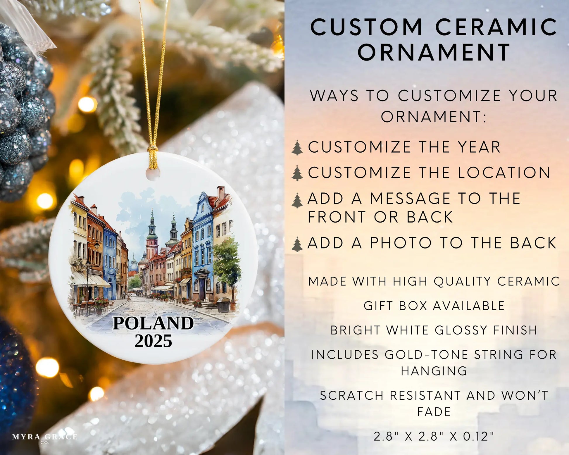 Custom Poland ceramic photo ornament with personalized message – handmade Christmas bauble, gift souvenir, or vacation keepsake. Infographic