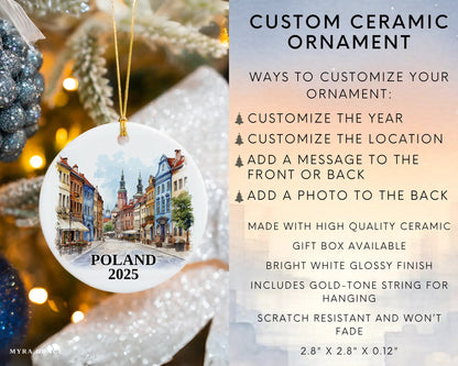 Custom Poland ceramic photo ornament with personalized message – handmade Christmas bauble, gift souvenir, or vacation keepsake. Infographic