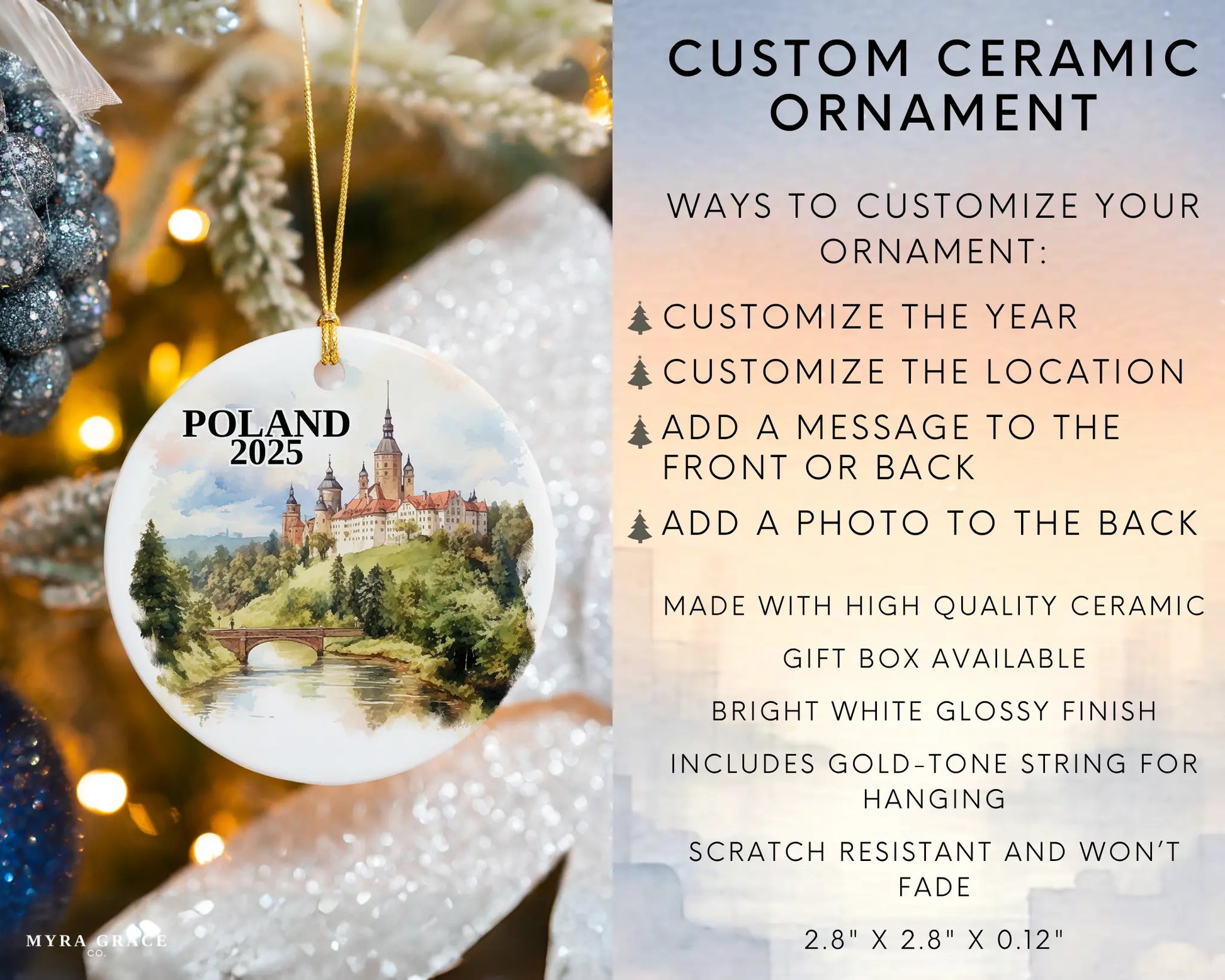 Custom Poland ceramic photo ornament with personalized message – handmade Christmas bauble, gift souvenir, or vacation keepsake. Infographic