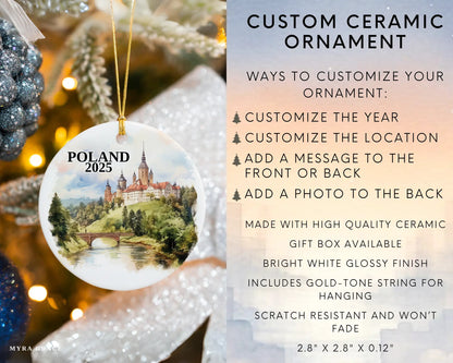 Custom Poland ceramic photo ornament with personalized message – handmade Christmas bauble, gift souvenir, or vacation keepsake. Infographic