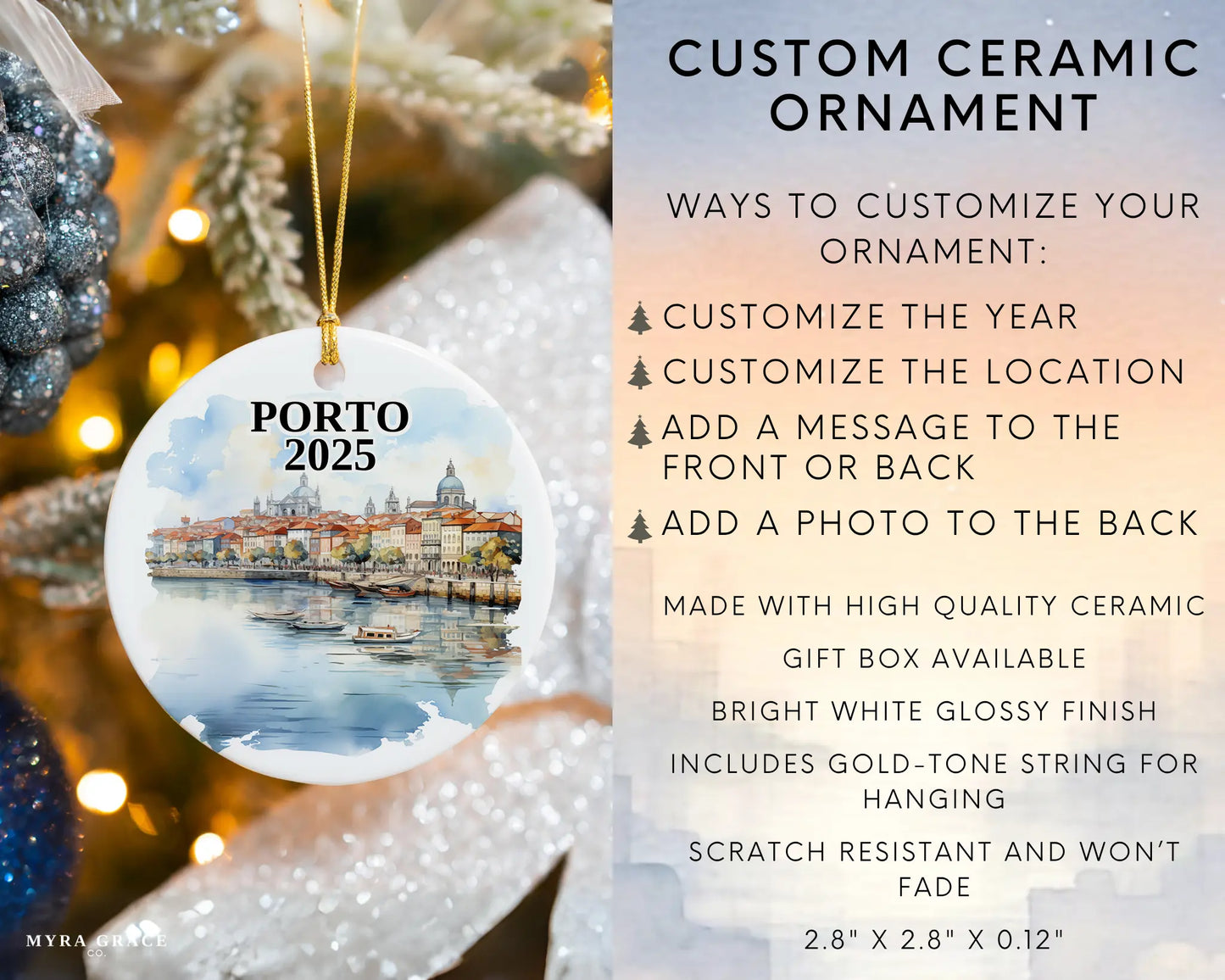 Custom Porto Portugal ceramic photo ornament with personalized message – handmade Christmas bauble, gift souvenir, or vacation keepsake. Infographic