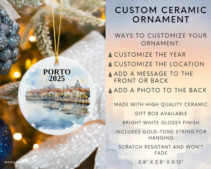 Custom Porto Portugal ceramic photo ornament with personalized message – handmade Christmas bauble, gift souvenir, or vacation keepsake. Infographic