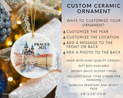 Custom Prague ceramic photo ornament with personalized message – handmade Christmas bauble, gift souvenir, or vacation keepsake. Infographic