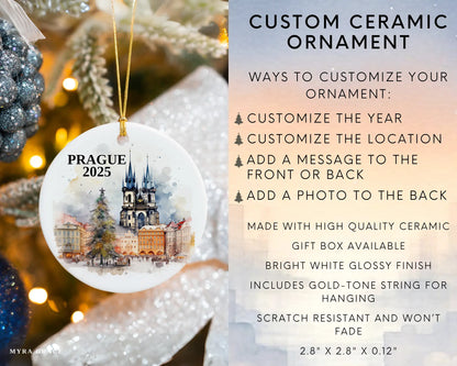 Custom Prague Christmas Market ceramic photo ornament with personalized message – handmade Christmas bauble, gift souvenir, or vacation keepsake. Infographic
