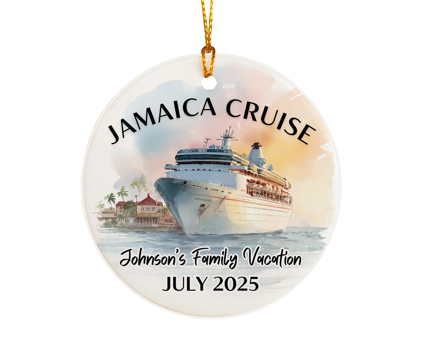 Handmade ceramic Jamaica cruise ornament with personalized location and photo – custom Christmas bauble or cruise vacation souvenir.