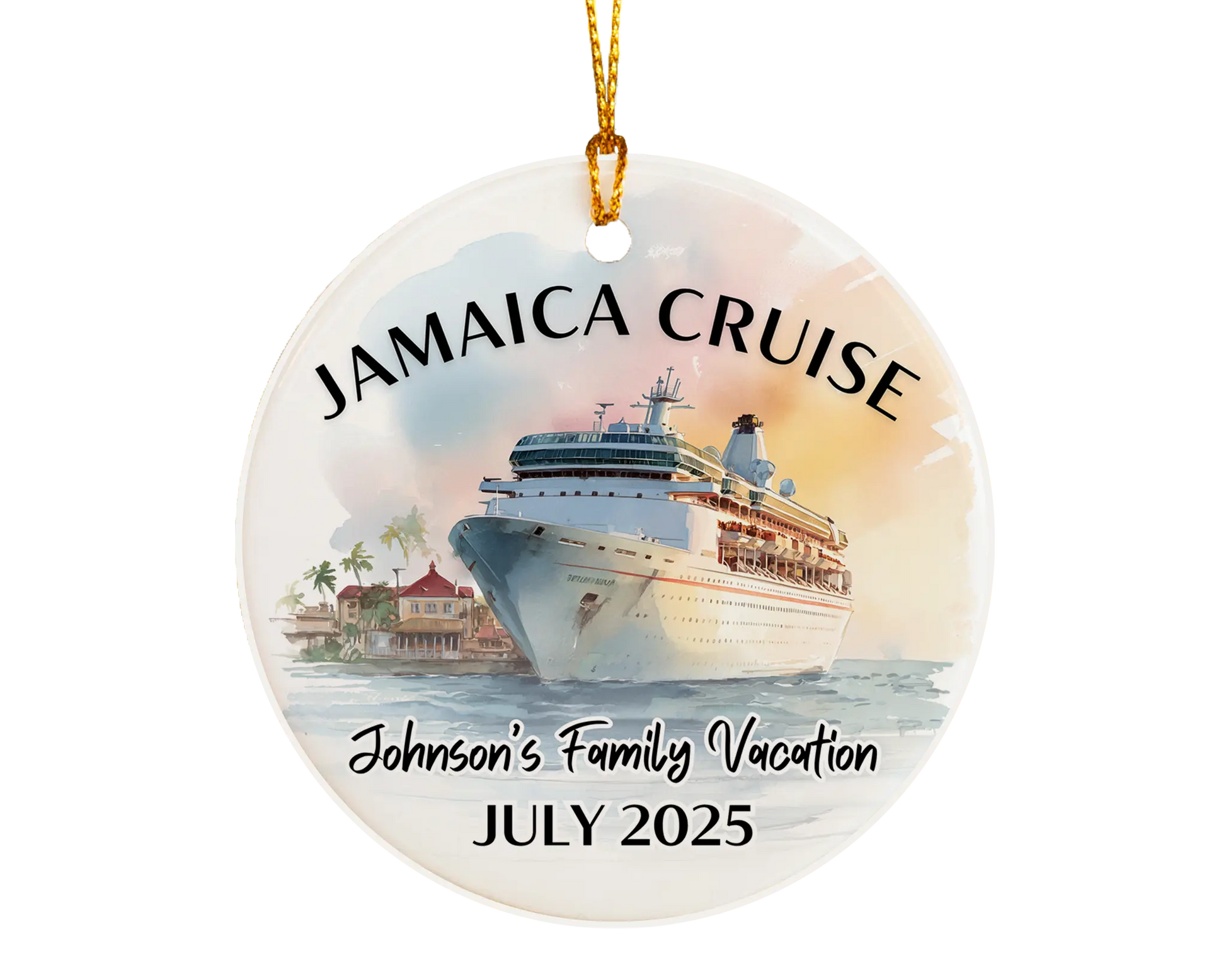 Handmade ceramic Jamaica cruise ornament with personalized location and photo – custom Christmas bauble or cruise vacation souvenir.