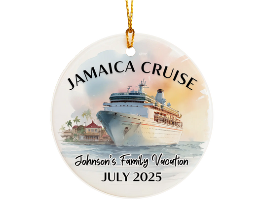 Handmade ceramic Jamaica cruise ornament with personalized location and photo – custom Christmas bauble or cruise vacation souvenir.