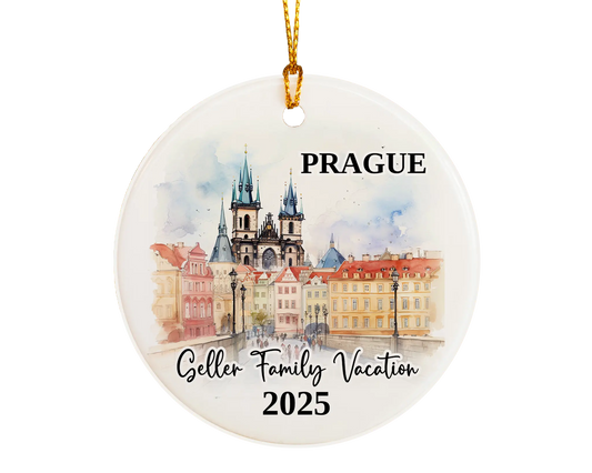 Custom vacation Prague ceramic photo ornament with personalized message – handmade Christmas bauble, gift souvenir, or vacation keepsake. 