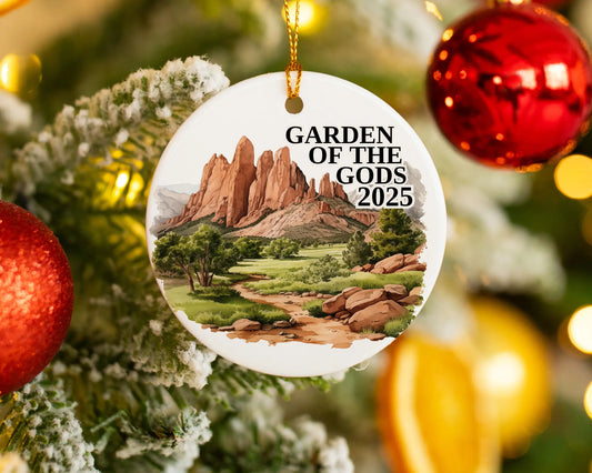 Custom Garden of the Gods Colorado Springs ceramic photo ornament with personalized message – handmade Christmas bauble, gift souvenir, or vacation keepsake.  