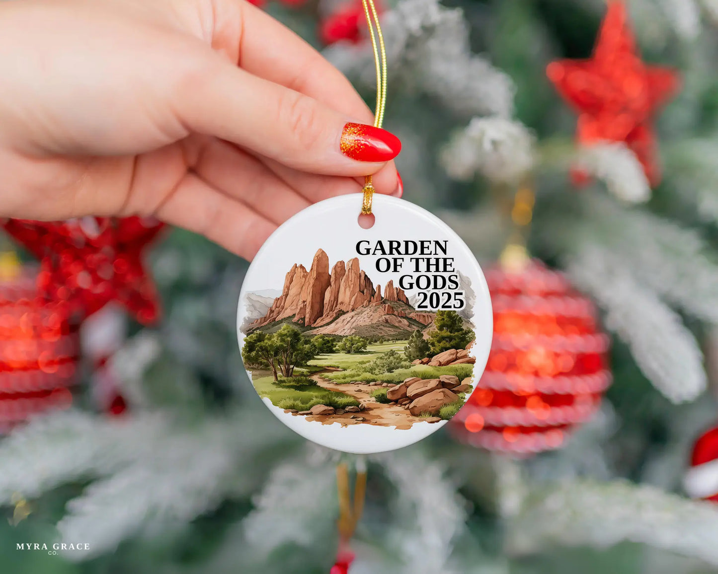 Custom Garden of the Gods Colorado Springs ceramic photo ornament with personalized message – handmade Christmas bauble, gift souvenir, or vacation keepsake.  
