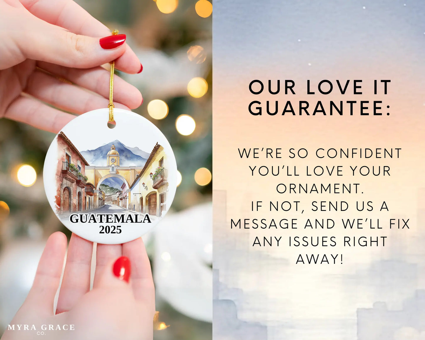 Custom Guatemala Antigua ceramic photo ornament with personalized message – handmade Christmas bauble, gift souvenir, or vacation keepsake. Love it guarantee