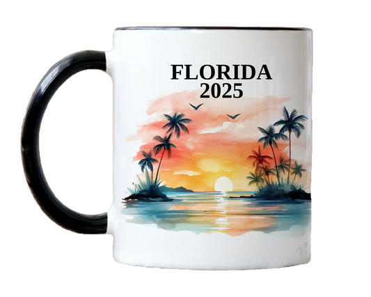 Custom ceramic Florida vacation mug with watercolor location design, date, and personal photo – personalized travel gift or photo mug. 