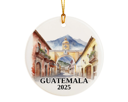 Custom Guatemala Antigua ceramic photo ornament with personalized message – handmade Christmas bauble, gift souvenir, or vacation keepsake. 