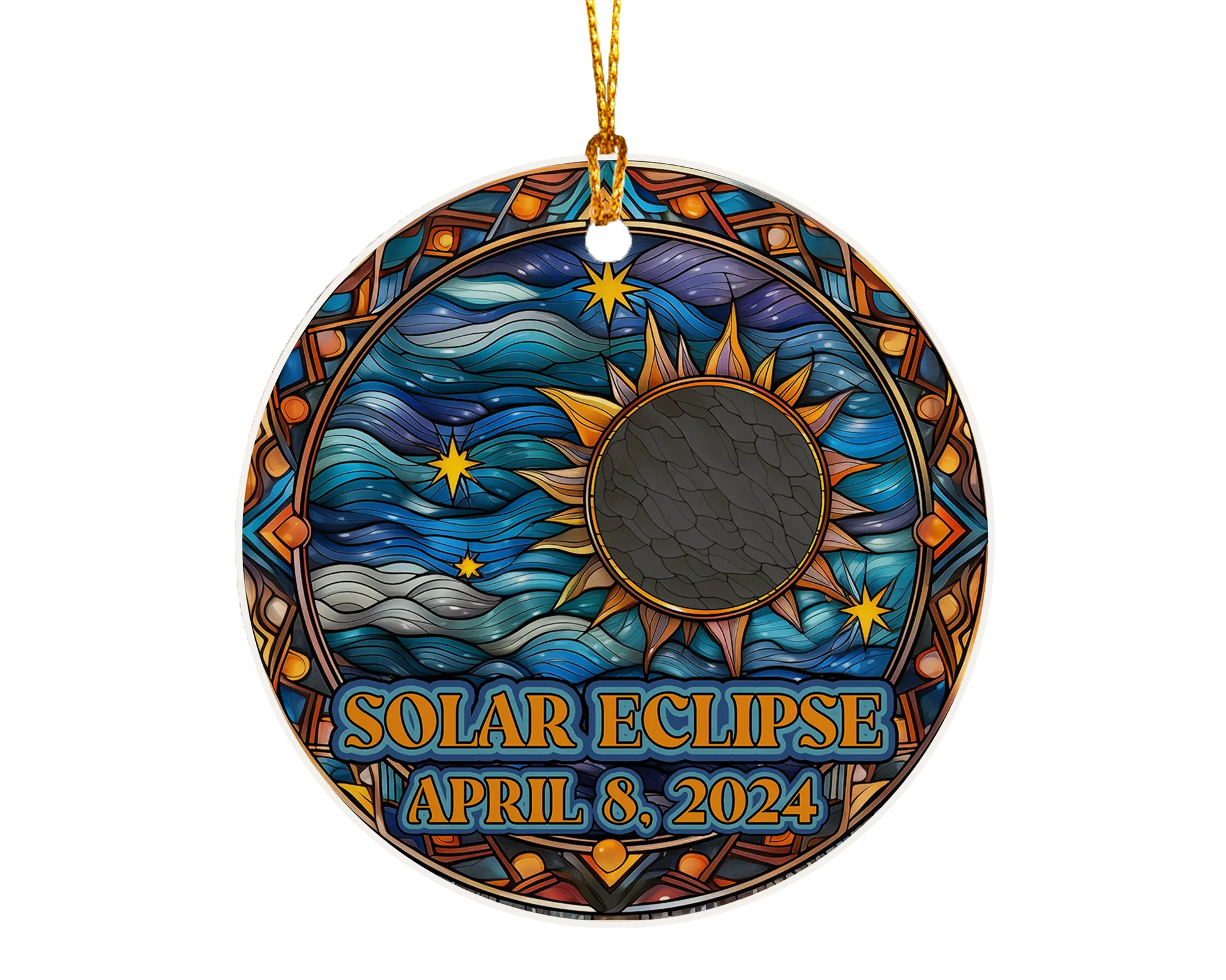 Ceramic solar eclipse 2024 ornament with celestial design – space-themed gift or keepsake.