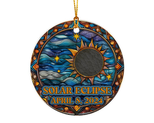 Ceramic solar eclipse 2024 ornament with celestial design – space-themed gift or keepsake.