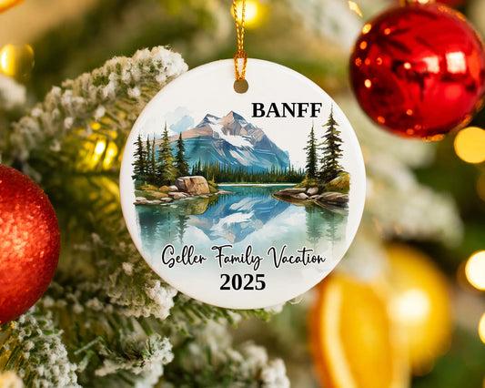 Custom vacation Banff Canada ceramic photo ornament with personalized message – handmade Christmas bauble, gift souvenir, or vacation keepsake. 