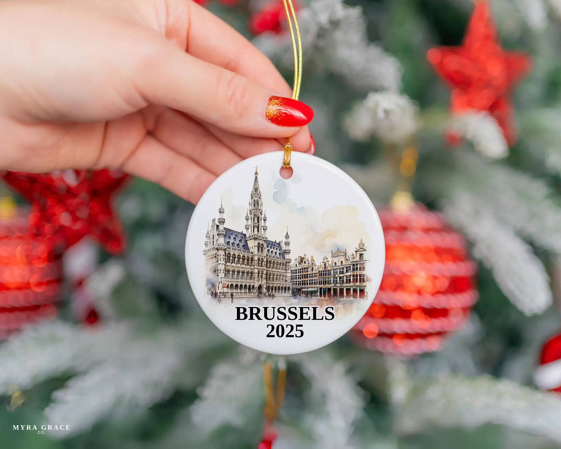 Custom Brussels Belgium ceramic photo ornament with personalized message – handmade Christmas bauble, gift souvenir, or vacation keepsake. 