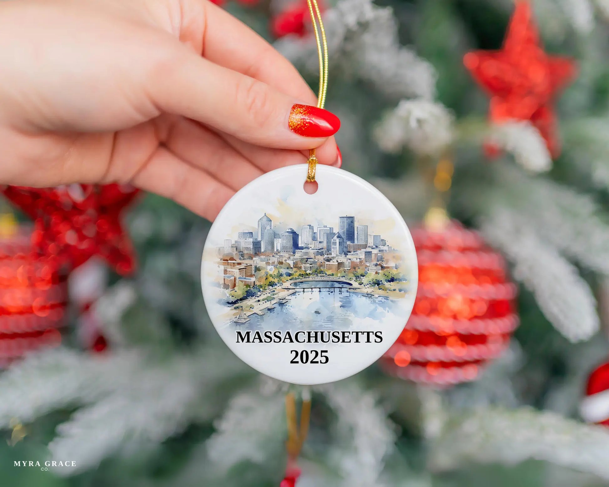 Massachusetts Ornament Custom Gift Souvenir Bauble. Custom Massachusetts ceramic photo ornament with personalized message – handmade Christmas bauble, gift souvenir, or vacation keepsake.  