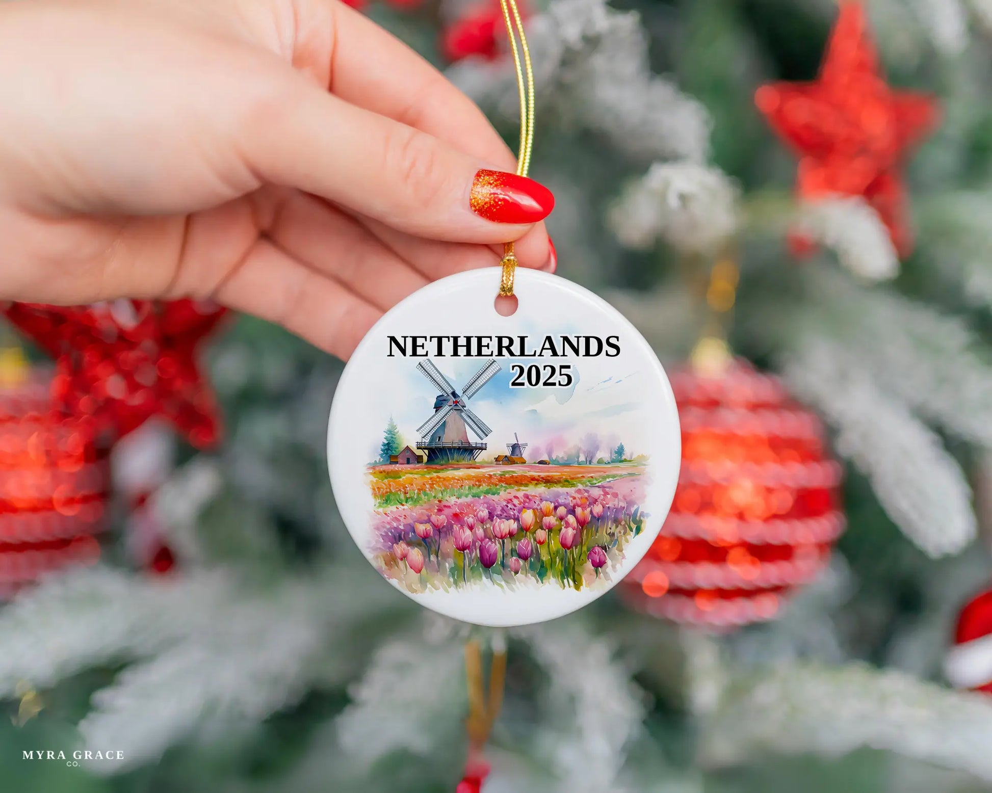 Custom Netherlands ceramic photo ornament with personalized message – handmade Christmas bauble, gift souvenir, or vacation keepsake.  