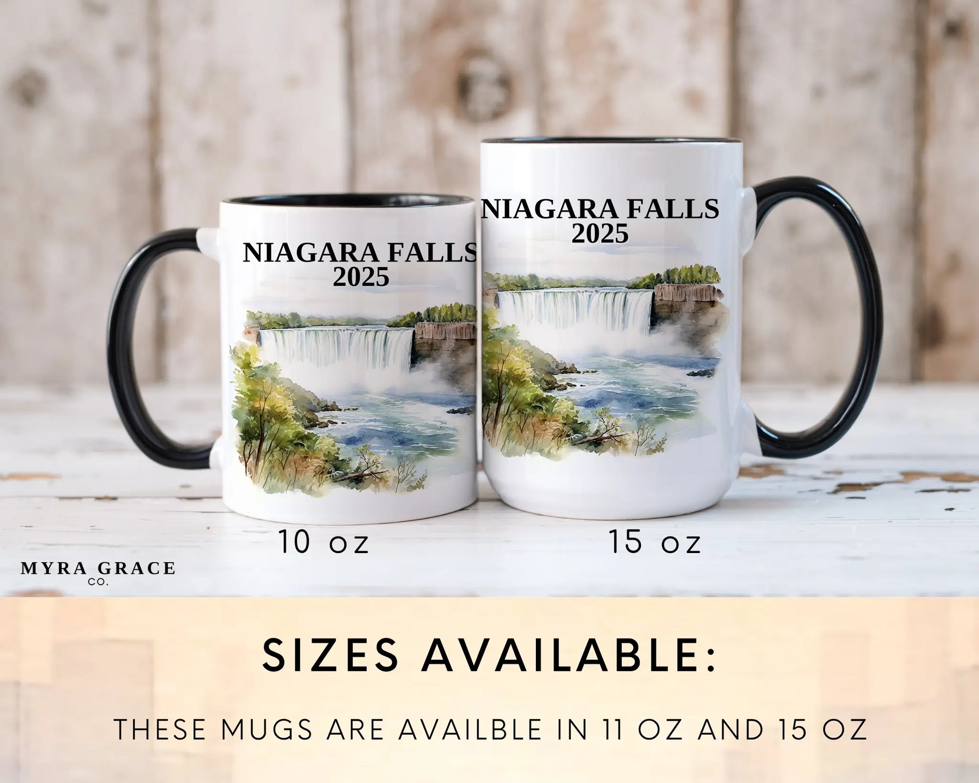 Custom ceramic Niagara Falls vacation mug with watercolor location design, date, and personal photo – personalized travel gift or photo mug. Sizes available