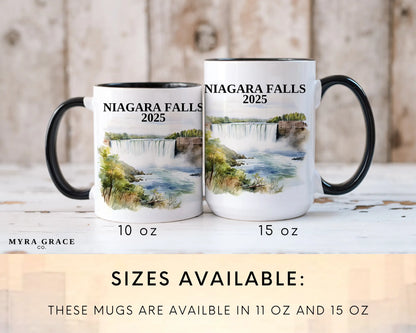 Custom ceramic Niagara Falls vacation mug with watercolor location design, date, and personal photo – personalized travel gift or photo mug. Sizes available