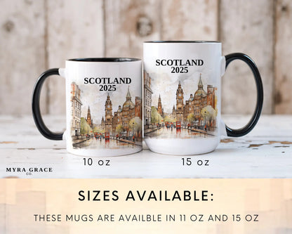 Custom ceramic Scotland vacation mug with watercolor location design, date, and personal photo – personalized travel gift or photo mug. Sizes available
