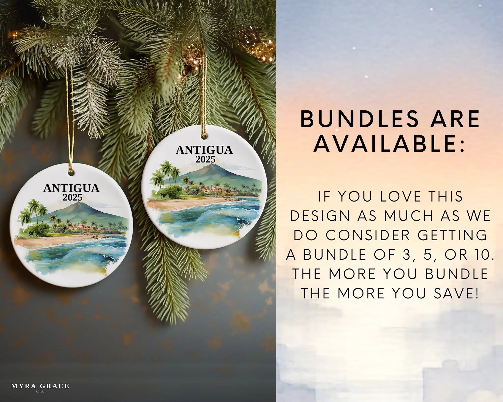 Custom Antigua Guatemala ceramic photo ornament with personalized message – handmade Christmas bauble, gift souvenir, or vacation keepsake. Bundles are available