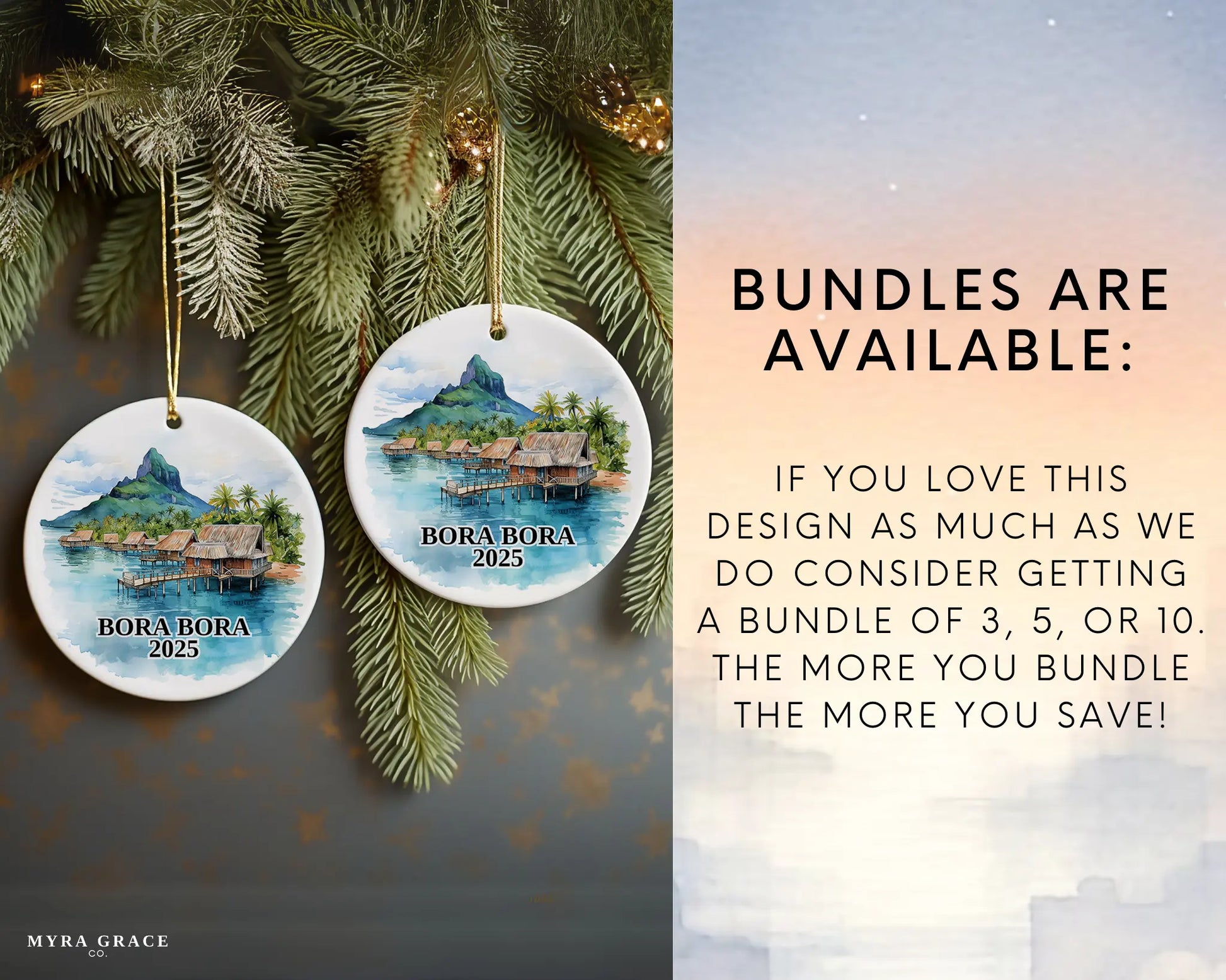 Custom Bora Bora ceramic photo ornament with personalized message – handmade Christmas bauble, gift souvenir, or vacation keepsake. Bundles available
