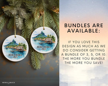 Custom Bora Bora ceramic photo ornament with personalized message – handmade Christmas bauble, gift souvenir, or vacation keepsake. Bundles available