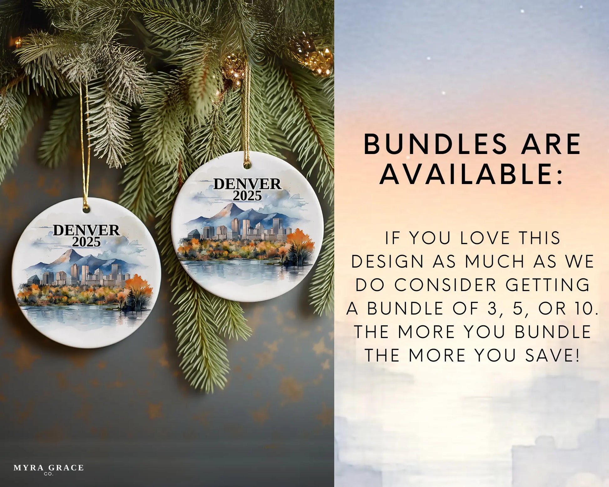 Custom Denver ceramic photo ornament with personalized message – handmade Christmas bauble, gift souvenir, or vacation keepsake.  Bundles are available