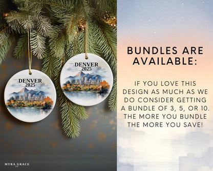 Custom Denver ceramic photo ornament with personalized message – handmade Christmas bauble, gift souvenir, or vacation keepsake.  Bundles are available