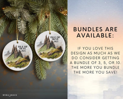 Custom Isle of Skye Scotland ceramic photo ornament with personalized message – handmade Christmas bauble, gift souvenir, or vacation keepsake.  bundles are available