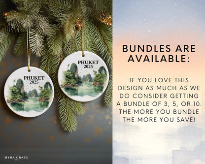 Custom Phuket Thailand ceramic photo ornament with personalized message – handmade Christmas bauble, gift souvenir, or vacation keepsake. Bundles are available