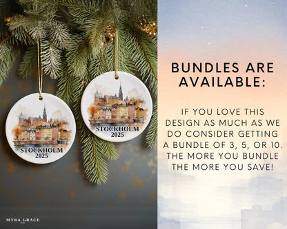 Custom Stockholm Sweden ceramic photo ornament with personalized message – handmade Christmas bauble, gift souvenir, or vacation keepsake. Bundles are available
