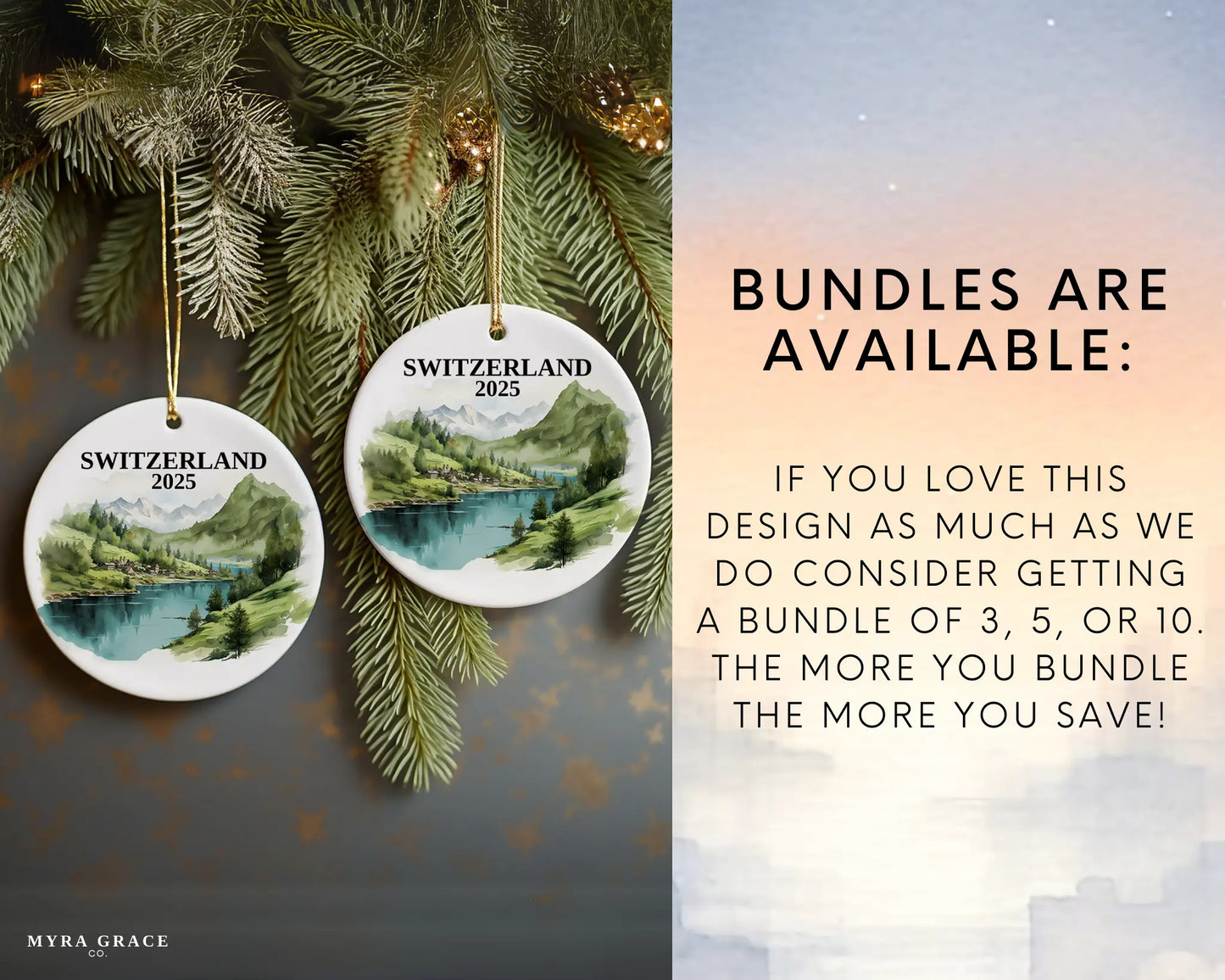 Custom Switzerland ceramic photo ornament with personalized message – handmade Christmas bauble, gift souvenir, or vacation keepsake. Bundles are available