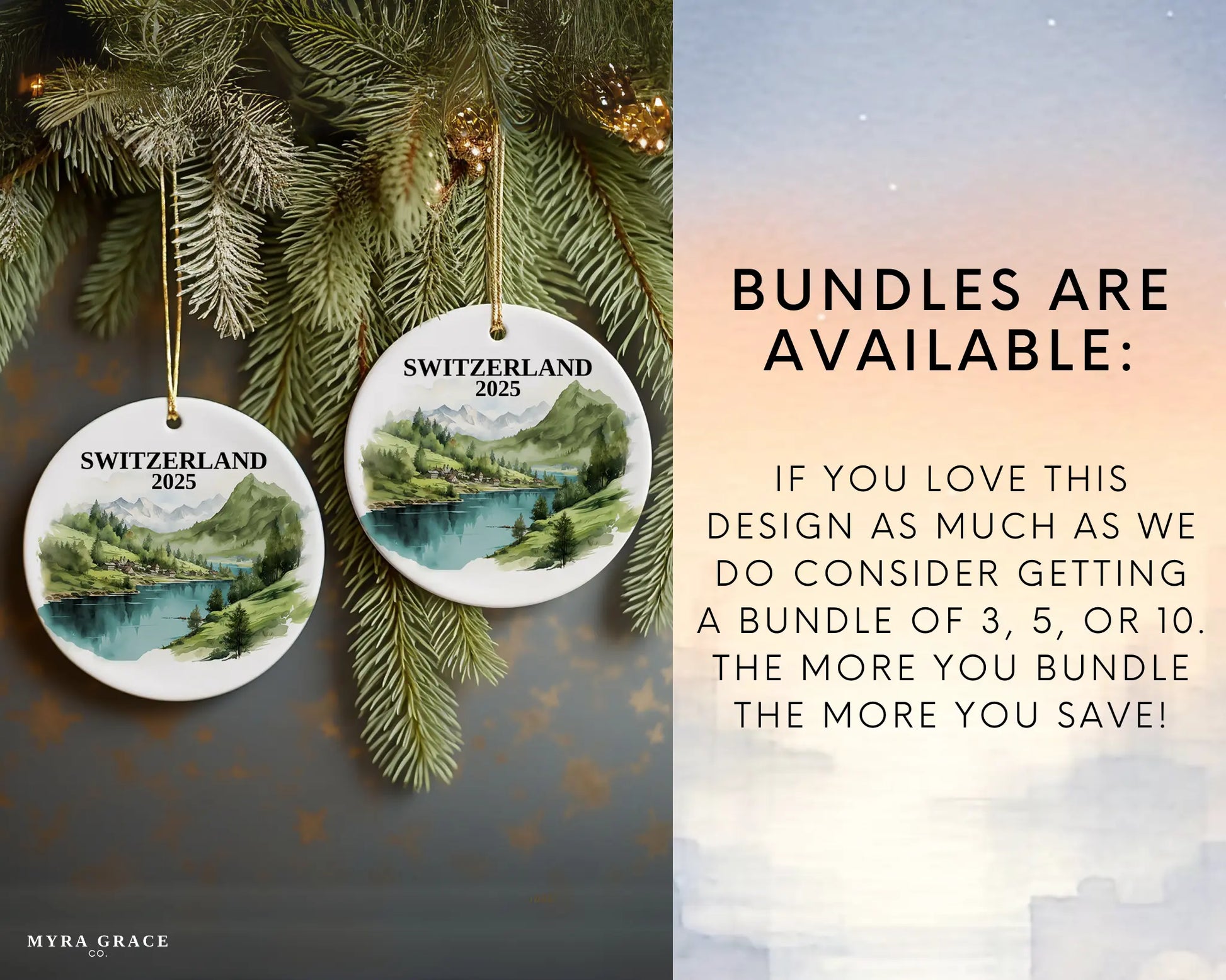 Custom Switzerland ceramic photo ornament with personalized message – handmade Christmas bauble, gift souvenir, or vacation keepsake. Bundles are available