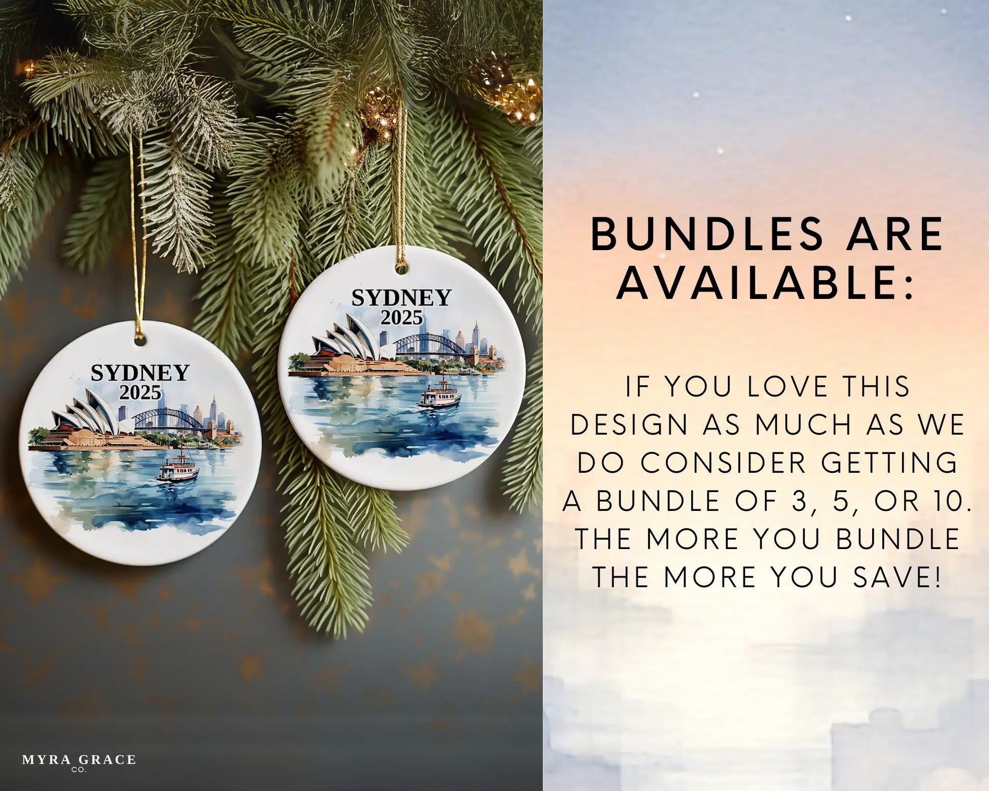Custom Sydney Australia ceramic photo ornament with personalized message – handmade Christmas bauble, gift souvenir, or vacation keepsake. Bundles are available