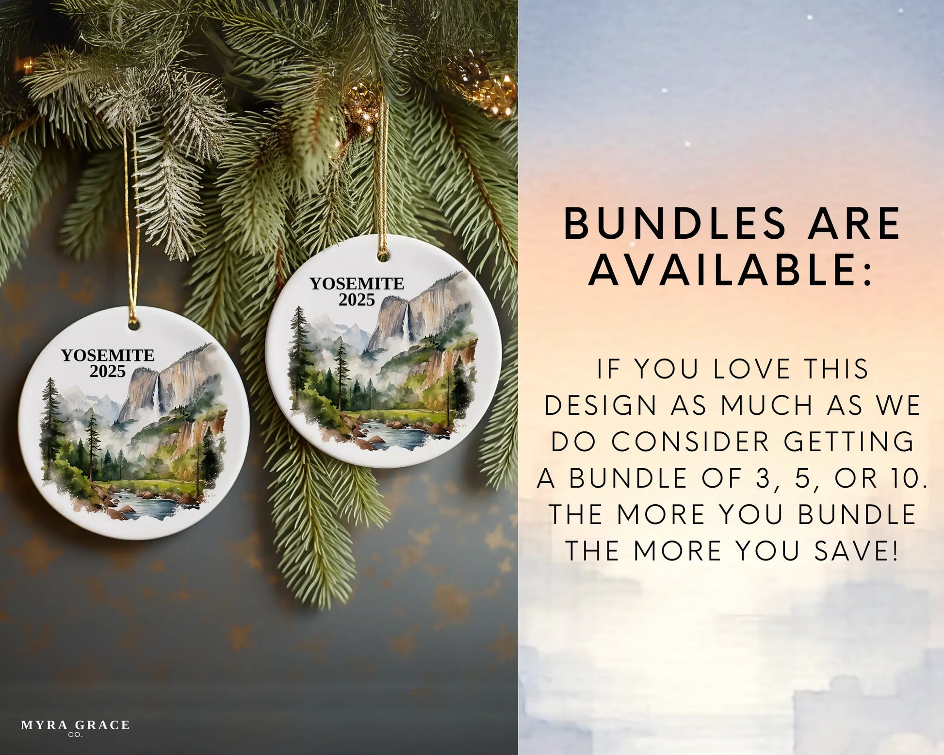 Custom Yosemite National Park ceramic photo ornament with personalized message – handmade Christmas bauble, gift souvenir, or vacation keepsake. Bundles are available
