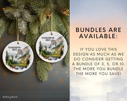 Custom Yosemite National Park ceramic photo ornament with personalized message – handmade Christmas bauble, gift souvenir, or vacation keepsake. Bundles are available