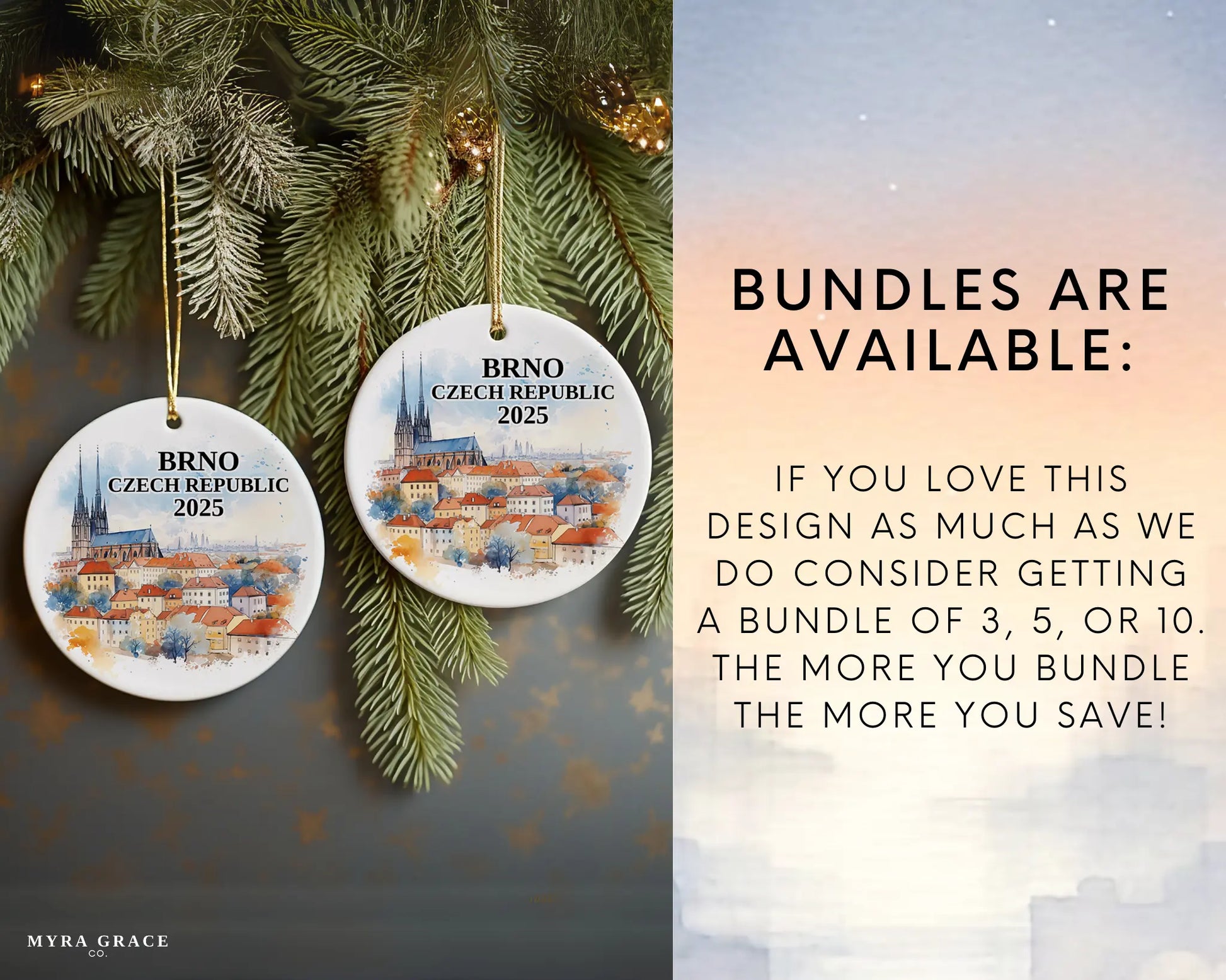 Custom Brno, Czech Republic ceramic photo ornament with personalized message – handmade Christmas bauble, gift souvenir, or vacation keepsake. Bundles are available