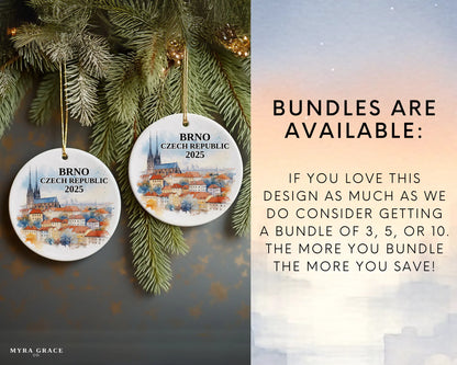 Custom Brno, Czech Republic ceramic photo ornament with personalized message – handmade Christmas bauble, gift souvenir, or vacation keepsake. Bundles are available